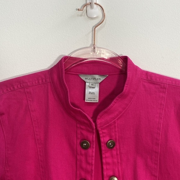 Denim Jacket Open front faux buttons pockets Collarless Fuchsa Women's XS - Picture 4 of 11